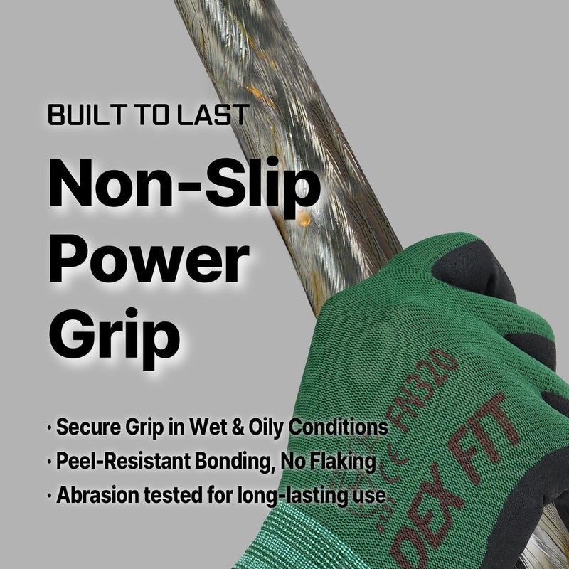 DEX FIT Premium Nylon Nitrile Work Gloves FN320, 3 Pairs, 3D-Comfort Stretchy Fit, Firm Grip, Thin & Lightweight, Durable, Breathable & Cool, Machine Washable; Forest Green 10 (XL) - Image 3